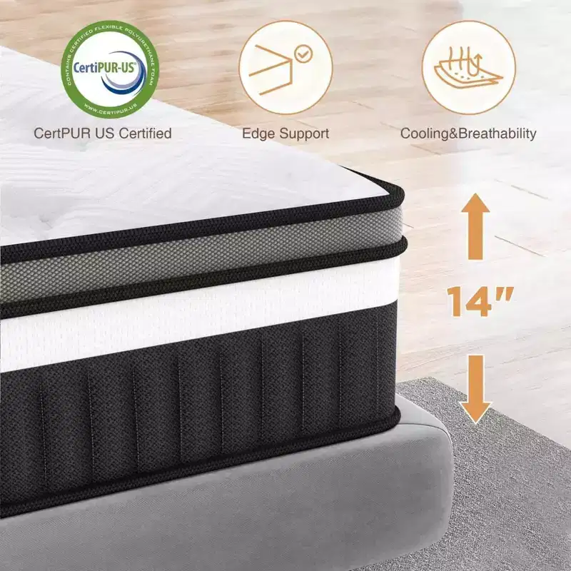 14 Queen Hybrid Mattress in a Box with Gel Memory Foam, Medium Feel, Pressure Relief, Skin Friendly, Motion Isolation, CertiPUR-US Certified