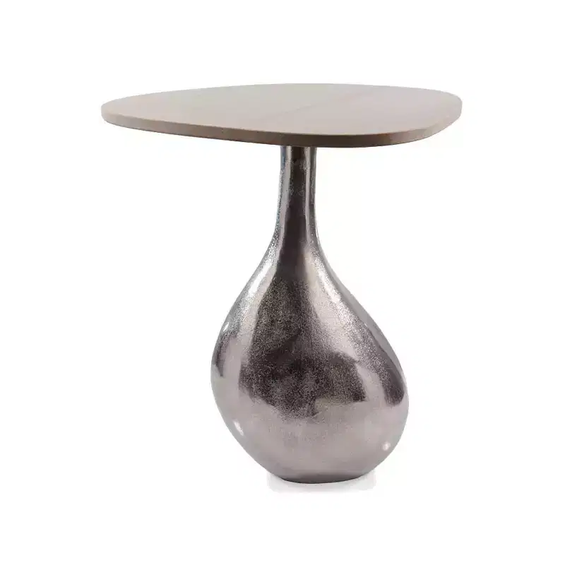 22 Silver And Beige Cast Aluminum And Marble Pedestal End Table