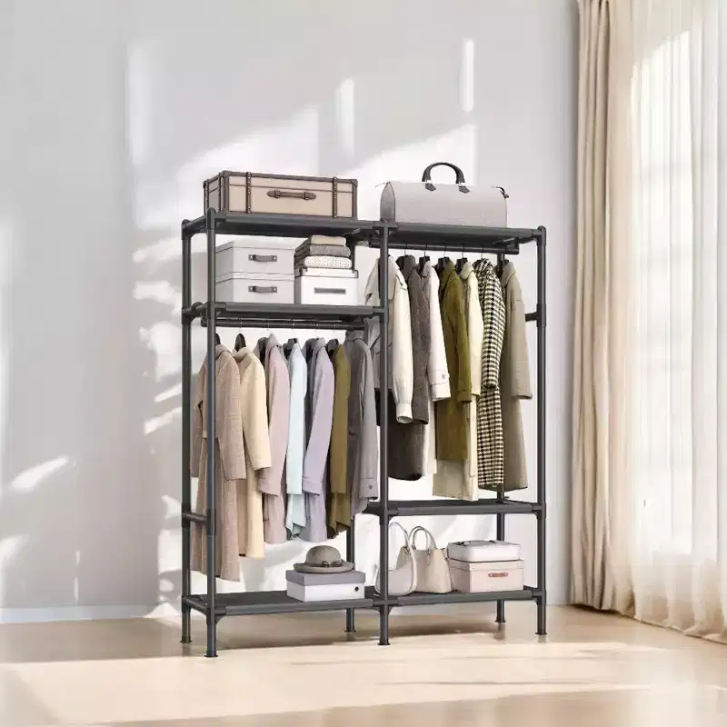 Heavy Duty Clothes Rack 65 Inch Freestanding Portable Wardrobe with Hanging Rails and Shelves Total Load 242 lb Black