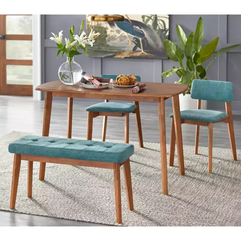Buylateral 4pc Nettie Mid Century Modern Dining Set with Bench Walnut/Teal