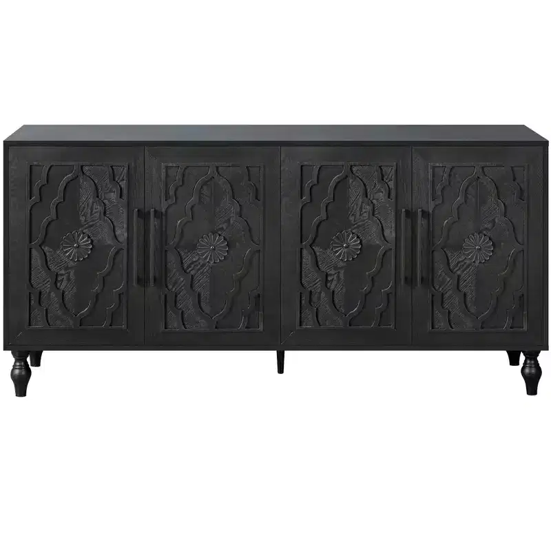 68 Black Distressed Carved Floral Sideboard with Four Doors