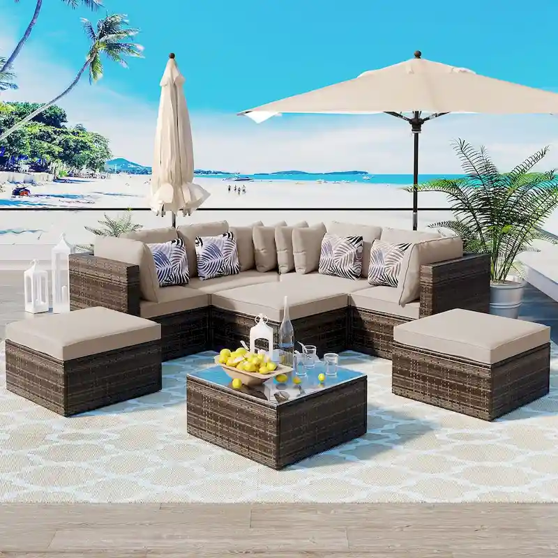 8-Piece Outdoor Brown Wicker Conversation Sofa Set with Beige Cushions and Colorful Pillows