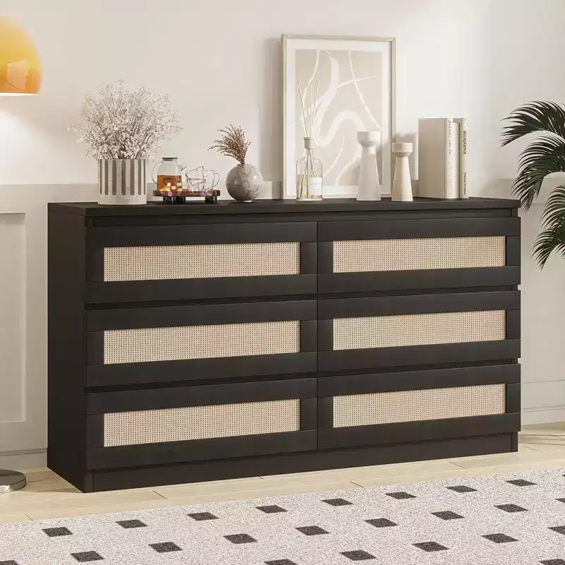6-Drawer Rattan Dresser for Bedroom, Modern Wood Chest of Drawers, Anti-Tip, Black