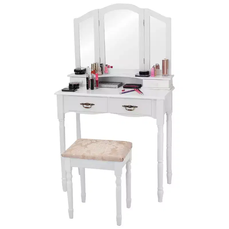 Costway Tri Folding Vanity Mirror Makeup Table Set w/4 Drawers & Stool White