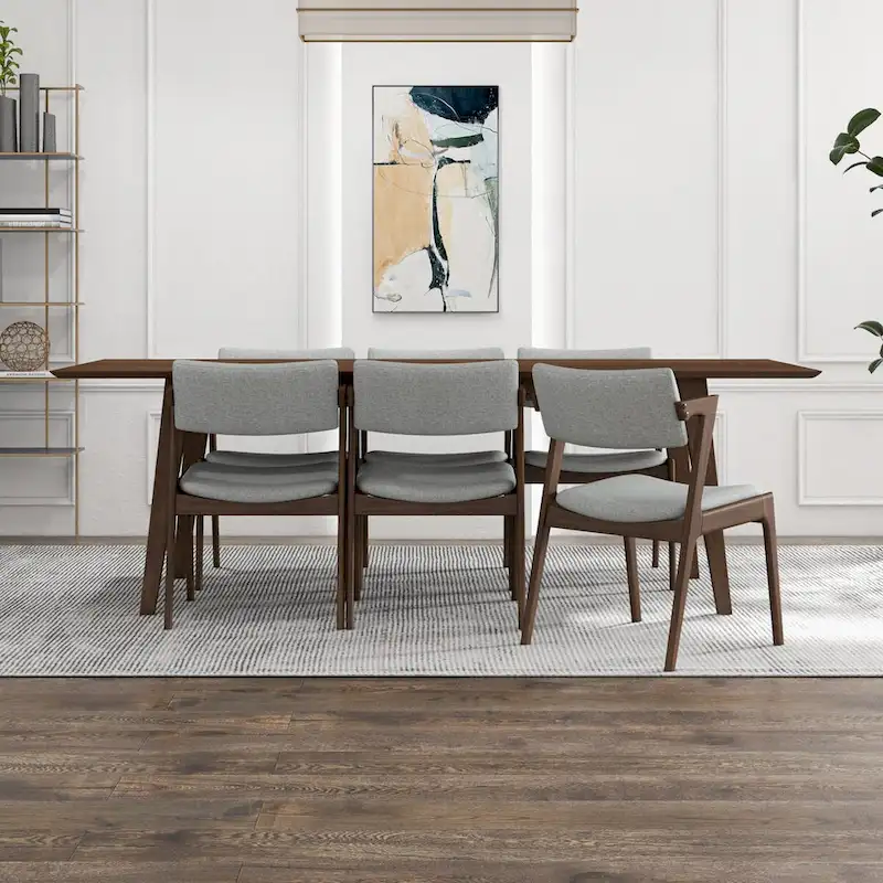 Ayven Mid-Century Style 7 Piece Solid Wood Dining Set in Walnut Brown