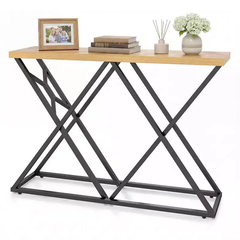Costway 55'' Industrial Console Table w/ Solid Metal Frame & Storage Rustic Sofa Table