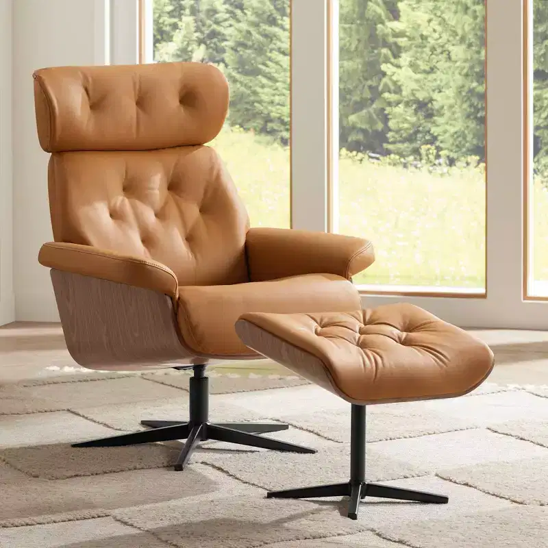 BenchMaster Malibu Cognac Tan Faux Leather Recliner Chair Modern with Ottoman Footrest Comfortable Manual Reclining for Bedroom