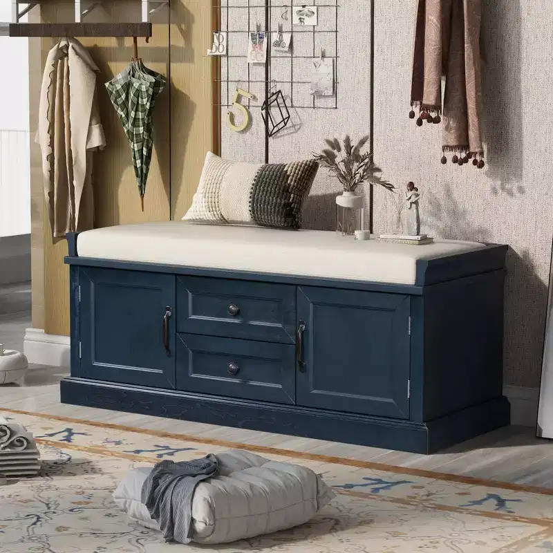 Whisen Classic Style Storage Bench with 2-Drawers,2-Cabinets and Removable Cushion