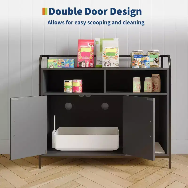 Cat Litter Box Enclosure, Multi-Functional Hidden Litter Cabinet with Barn Door, Ventilation Hole & Side Entry, Wooden for Indoor Cat