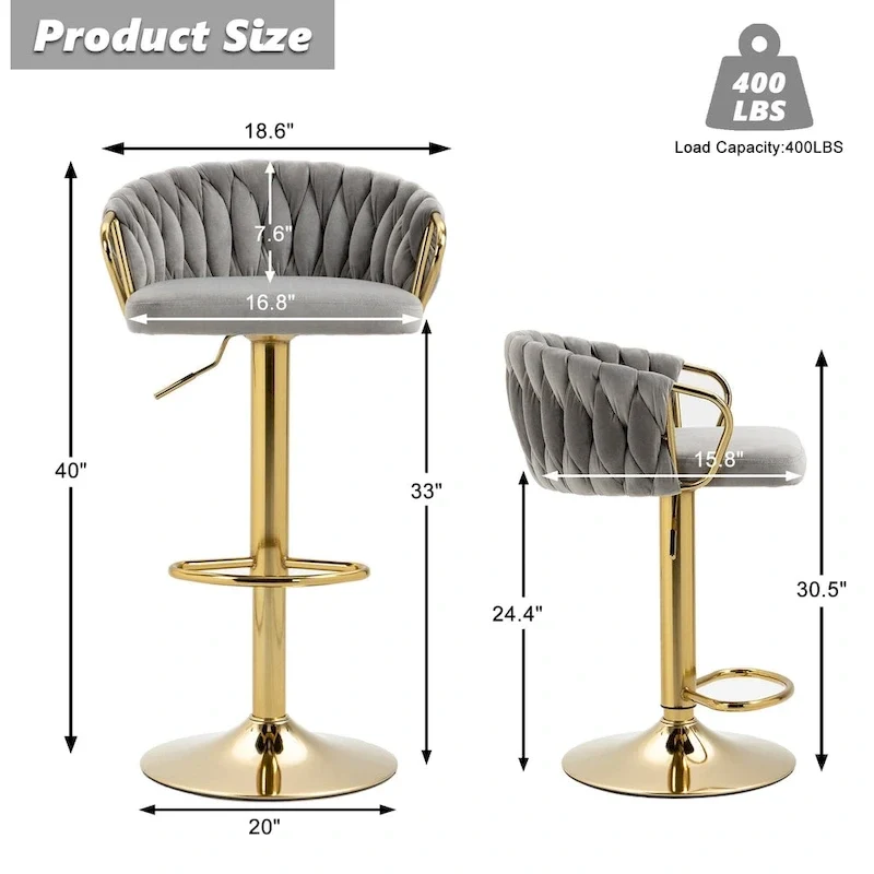 Set of 4 Bar Stool Adjustable Height Swivel Velvet Woven