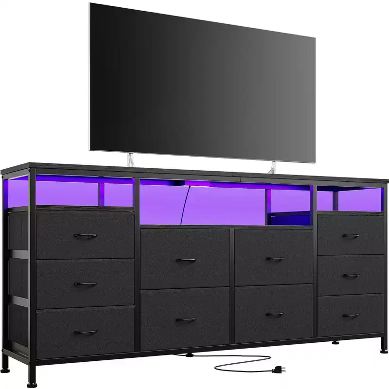 COZONY 63.3 Black Dresser w/10 Drawers, LED Lights&Power Outlets TV Stand for 65-75 Inch TV Entertainment Center for Bedroom Living Room Entryway