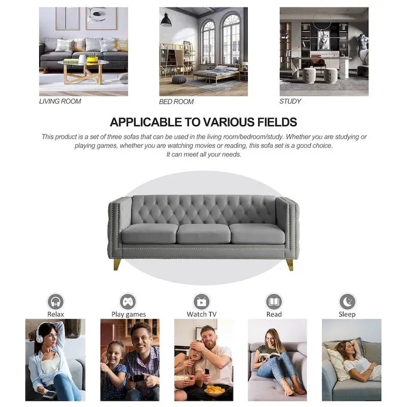Modern Velvet Sofa Couch Upholstered Button and Metal Legs