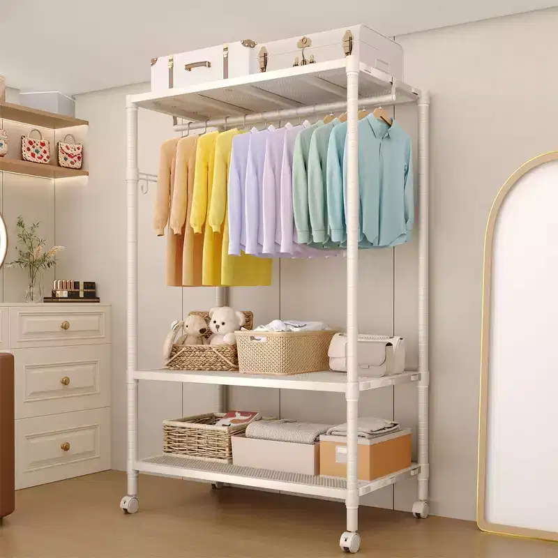 Heavy Duty Rolling Garment Rack with Adjustable Shelves, Freestanding Metal Clothes Organizer, Portable Wardrobe for Hanging Clothes, Beige