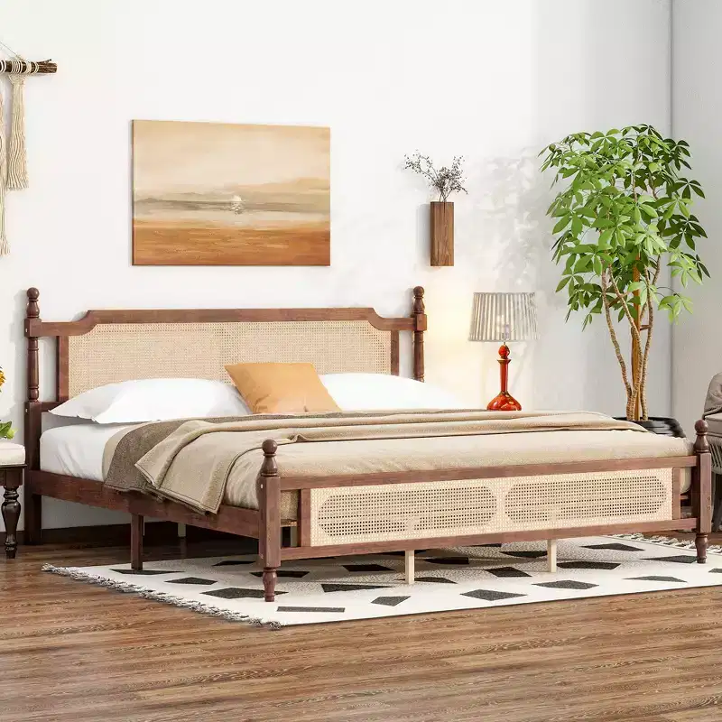 King Pine Wood Bed with Rattan Headboard and Footboard, Brown