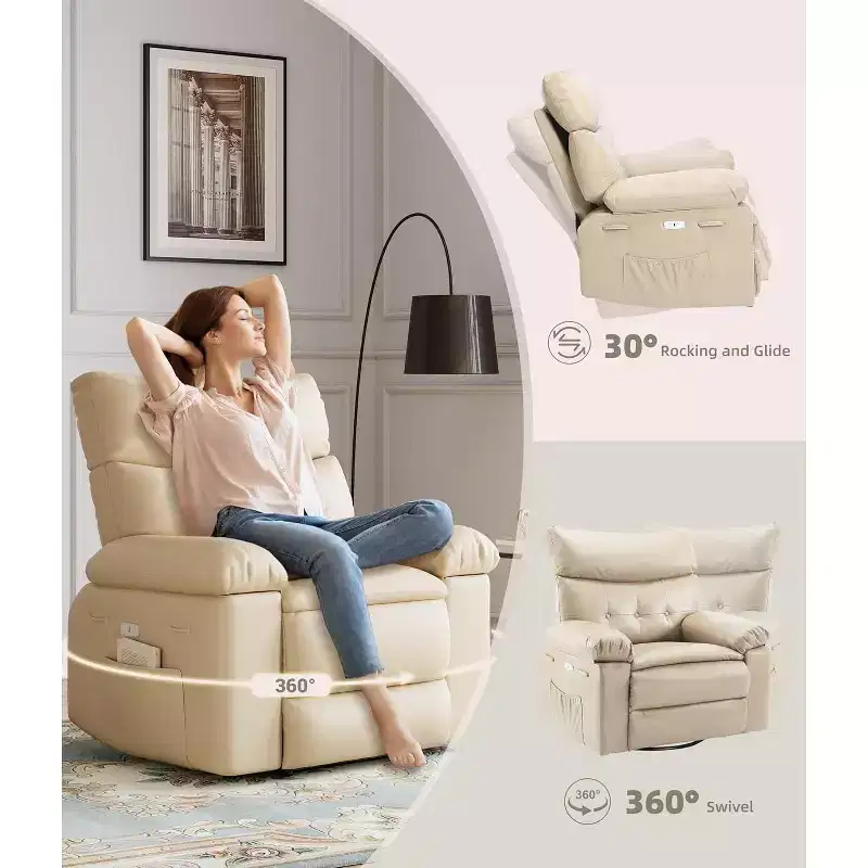 Electric Recliner Chair - 360 Swivel with Heat and Massage, PU Leather Large Recliner for Adults, Comfortable Lazy Chair with 1.5X Sponge Filling.
