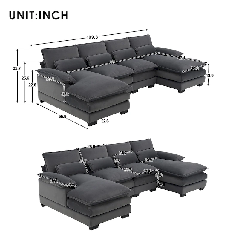 [VIDEO provided][New]109.8*55.9 Modern U-shaped Sectional Sofa with Waist Pillows,6-seat Upholstered Symmetrical Sofa Furniture
