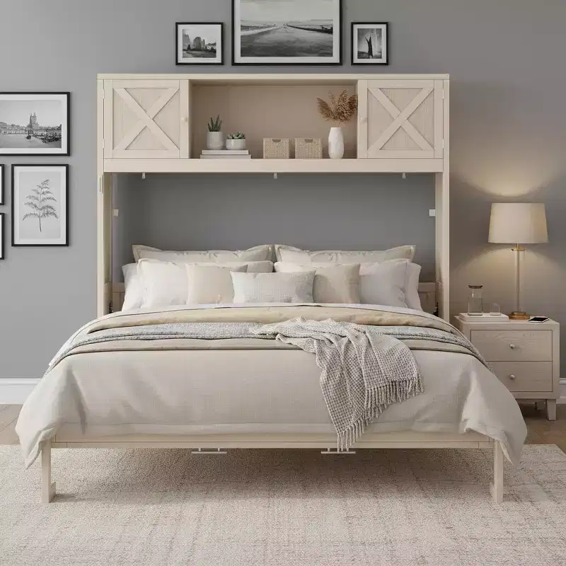Full Size Murphy Bed with Overhead Storage & Decorative Cabinet Doors