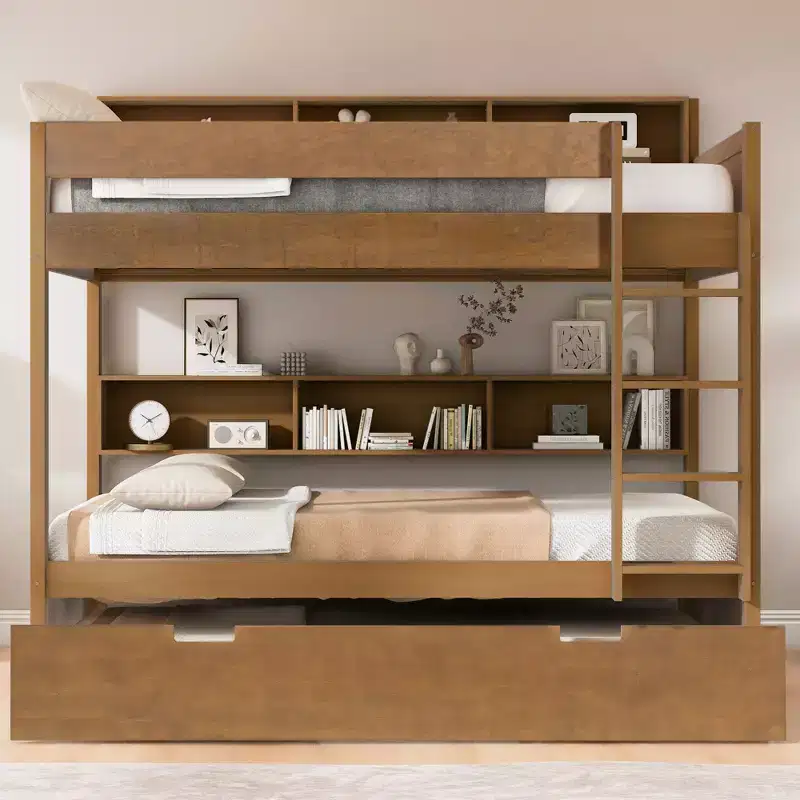 Bunk Bed with Trundle and Built-In Storage Shelves