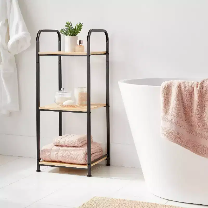 Short Bath Wood Storage Tower Black Metal - Powder-Coated MDF, Fixed Shelves, Rust-Resistant