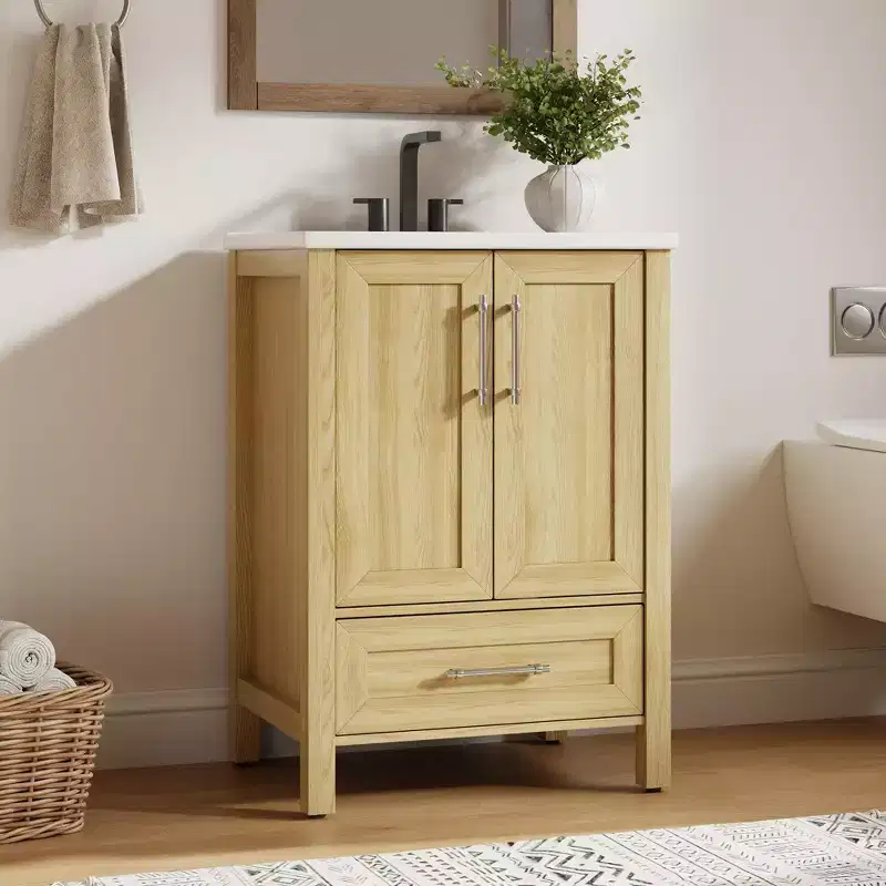 Modern Freestanding Bathroom Vanity with Ceramic Single Basin - Easy Assembly Storage Cabinet with Soft-Close Doors and Drawer
