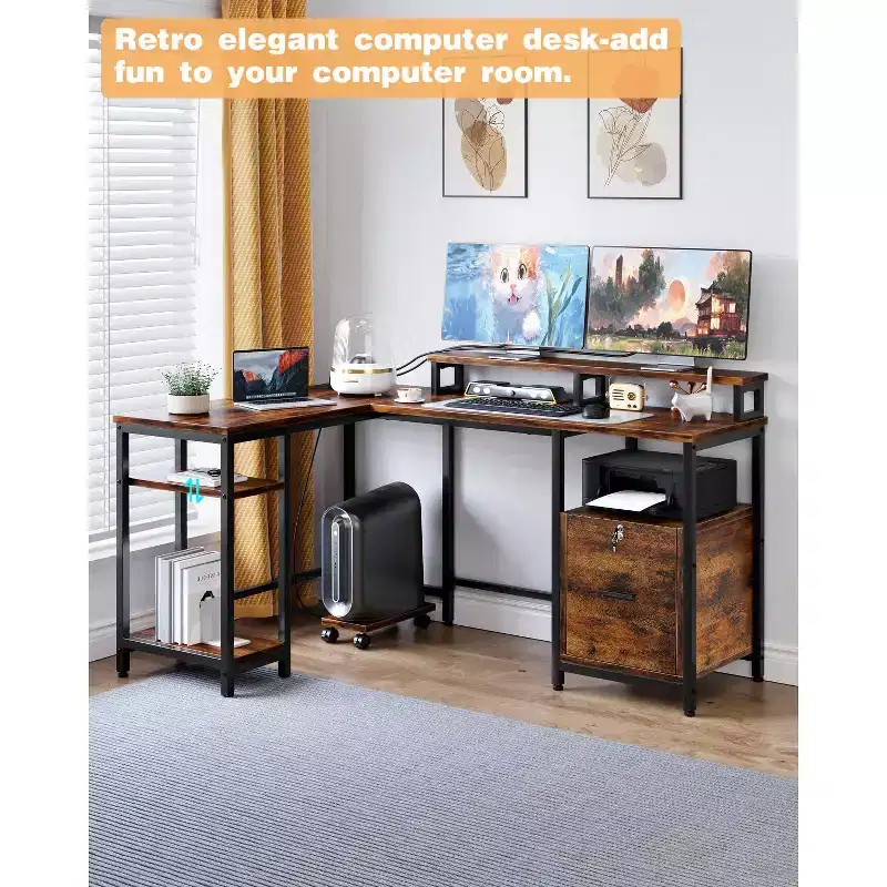 67 Inch L Shaped Desk with Power Outlets and USB-C Port, Computer Corner Home Office Desk with Drawers & Movable Monitor Stand for Gaming, Writing