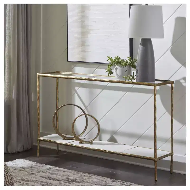 Console Sofa Table, Antique Brass Cast Aluminum, Glass Top & Marble Shelf, 52