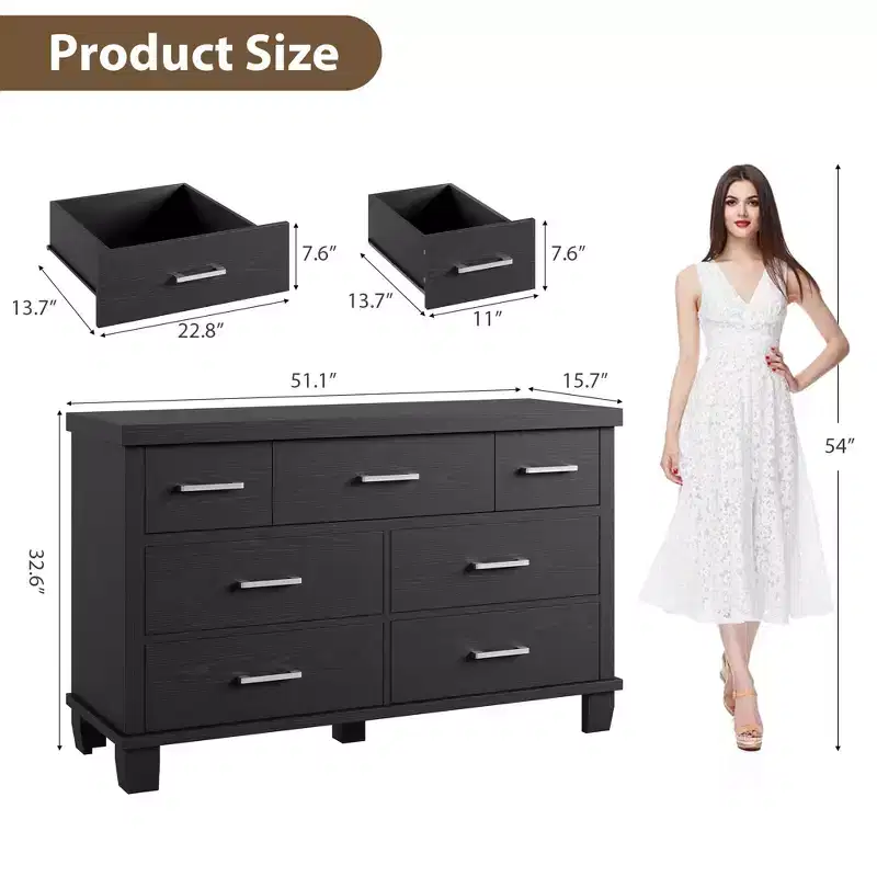 7-Drawer Dresser for Bedroom - Modern Wood Organizer with Metal Handles for Living Room Closet Entryway