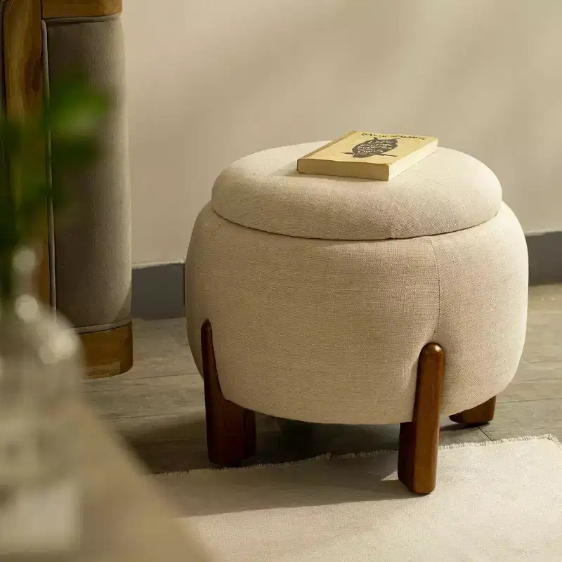 GDFStudio Haley Modern Mango Wood and Linen Upholstered Round Ottoman