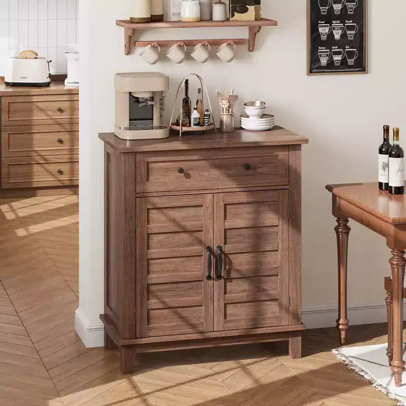 Hardwood Storage Cabinet with Slatted Doors, 3 Adjustable Shelves and 1 Drawer, 36