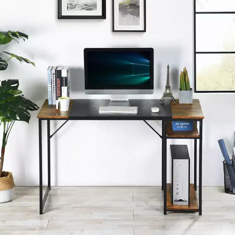 FurnitureR 55.1 Computer Desk with Side Shelves, Industrial Style Gaming Desk with Metal Frame, Home Office Workstation with Storage for PC, Laptop