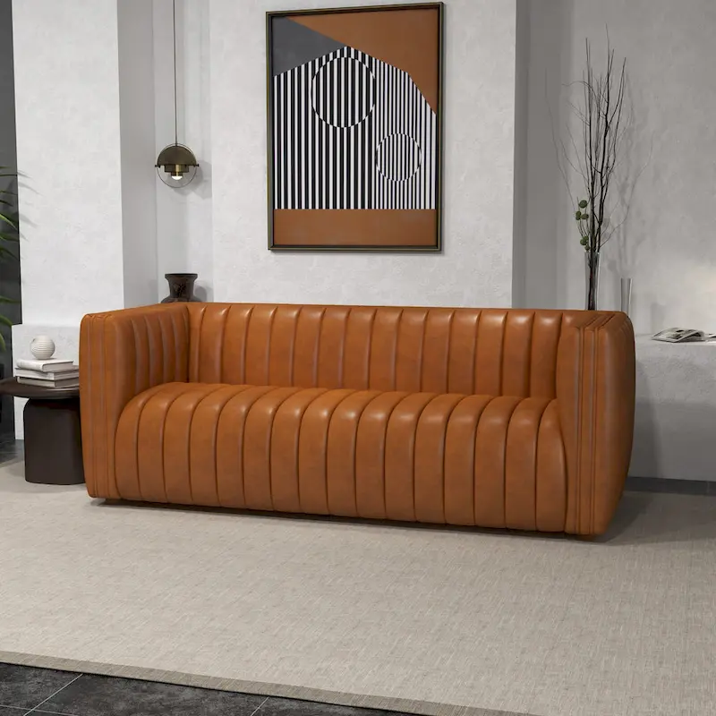 Rasam Mid Century Modern Luxury Tight Back Geniune Leather Couch in Cognac Tan