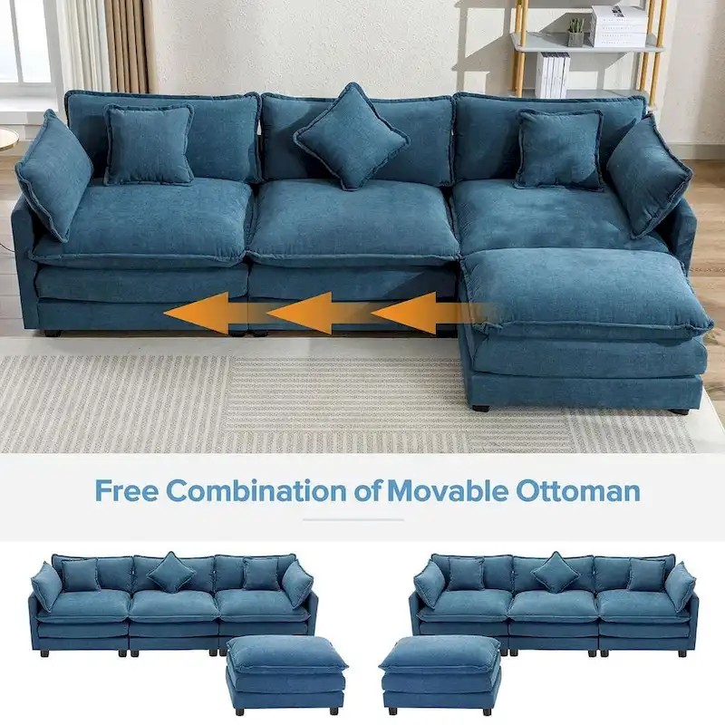 112 Modern L-Shape Chenille Upholstered Sofa with 5 Pillows