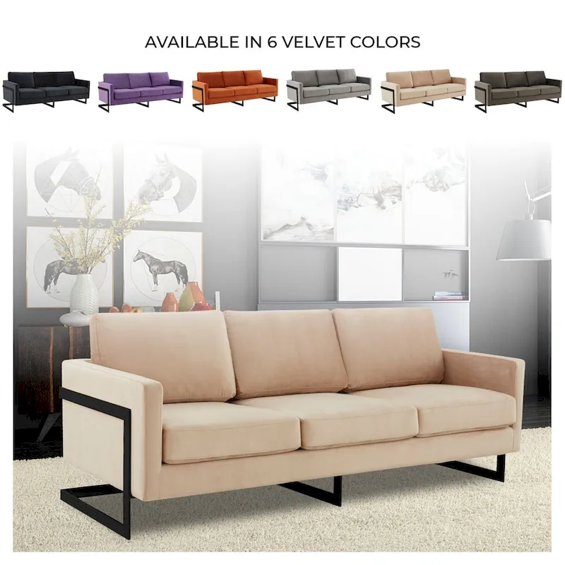 Leisuremod Lincoln 3-Seater Upholstered Velvet Sofa with Black Stainless-Steel Base