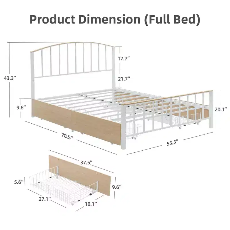 Modern Metal Platform Bed Frame with 4 Storage Drawers, No Noise, No Box Spring Needed