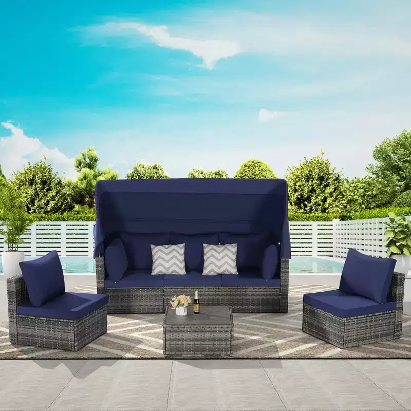 4pcs Outdoor Sectional Sofa Set Patio Daybed Chat Conversation Set Wicker Garden Seating Set with Retractable Canopy, Coffee Table, Cushion-ModernLuxe