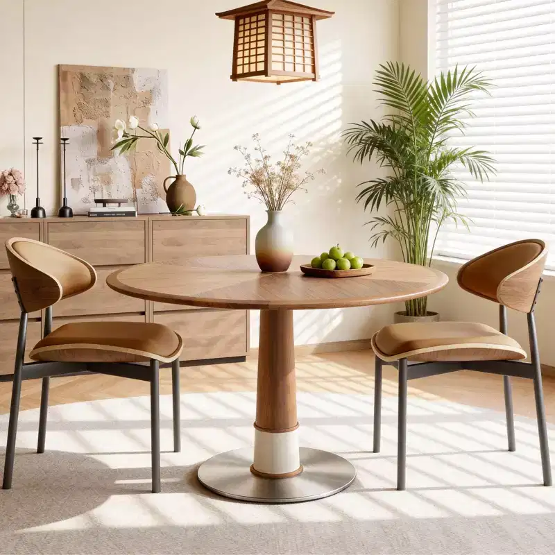 47.24 Round Dining Table Stainless Steel Base Wood Top Pedestal Kitchen Table for 4 People Modern Circle Desk Gaoyangjiaju