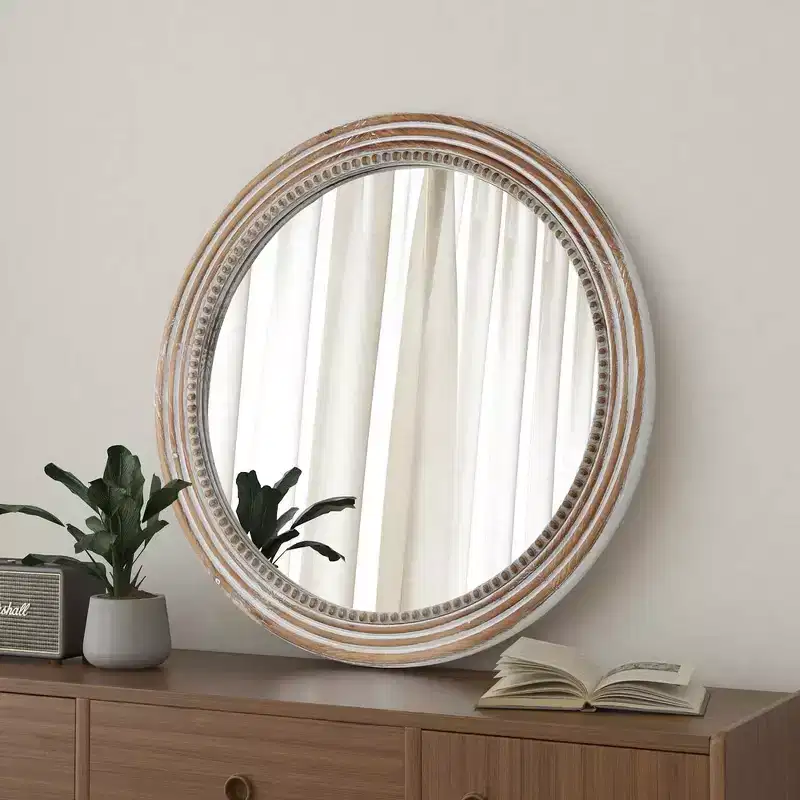 Whisen Farmhouse Round Decorative Wall Mirror with Beaded Decor, Rustic Wood Frame for Home - Antique Natural