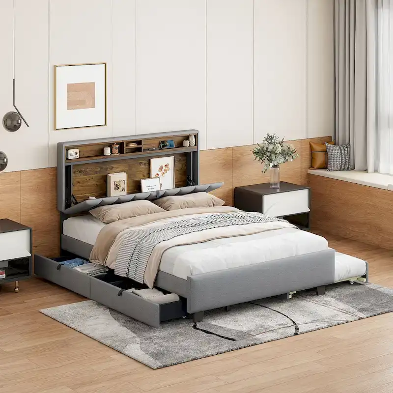 Upholstered Platform Bed with Storage Headboard,Twin XL Size Trundle and 2 drawers
