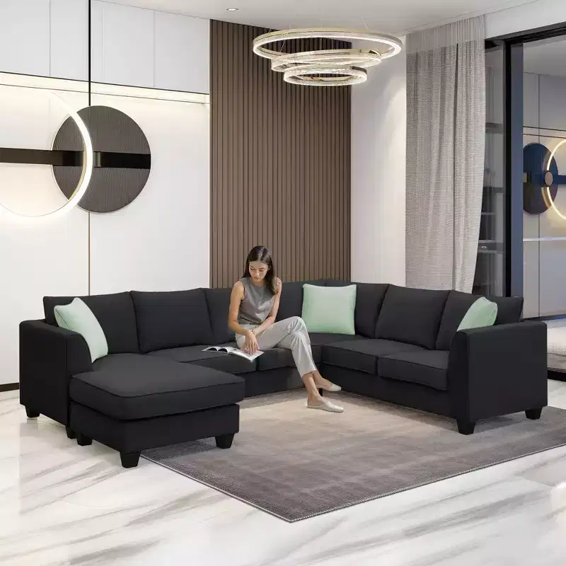 7-Seat Modular?Sectional Sofa Set: L-Shape Fabric?Corner Couch?with Ottoman & 3 Pillows