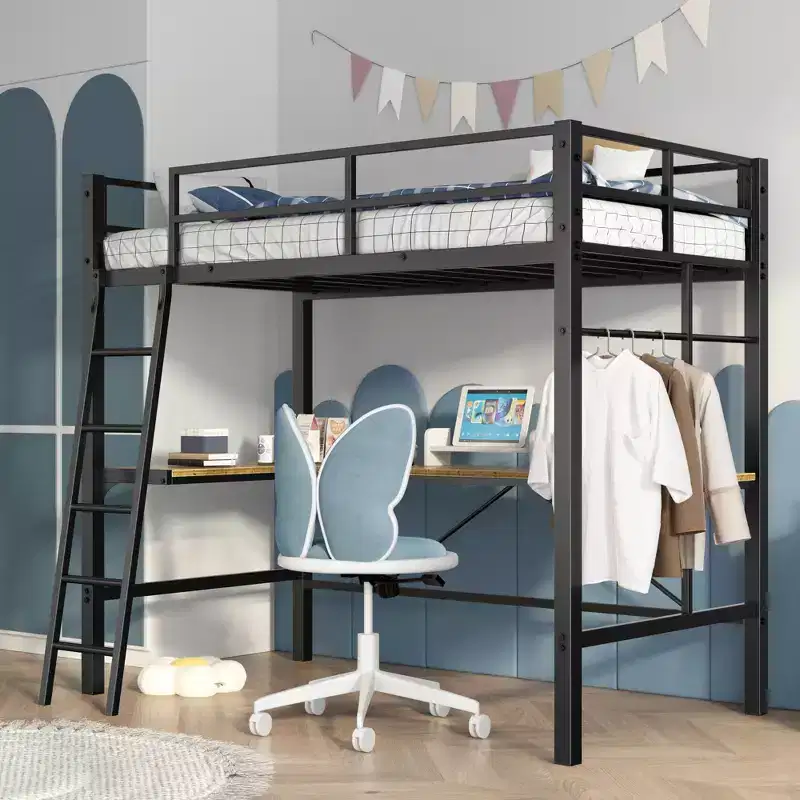 Metal Loft Bed with L-Shaped Desk, No Box Spring Needed Design Twin Bed with Safety Guard and Ladder, Bed Frames for Living Room, Bedroom, Black