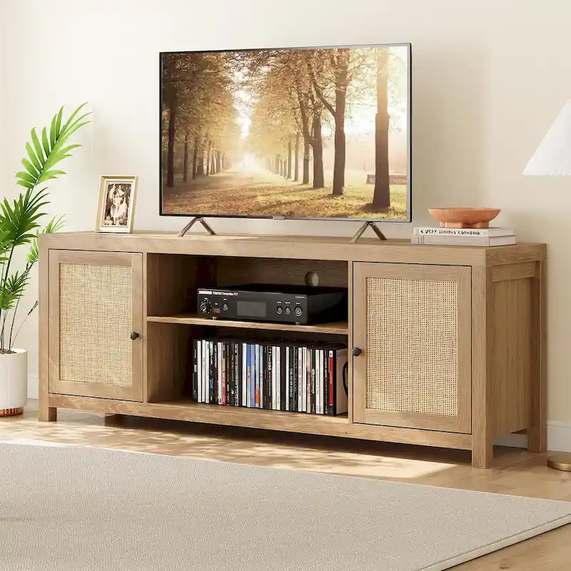 Rattan Boho TV Stand – Natural / Wood Grain, 2 Cabinets & 2 Open Shelves, Fits 65