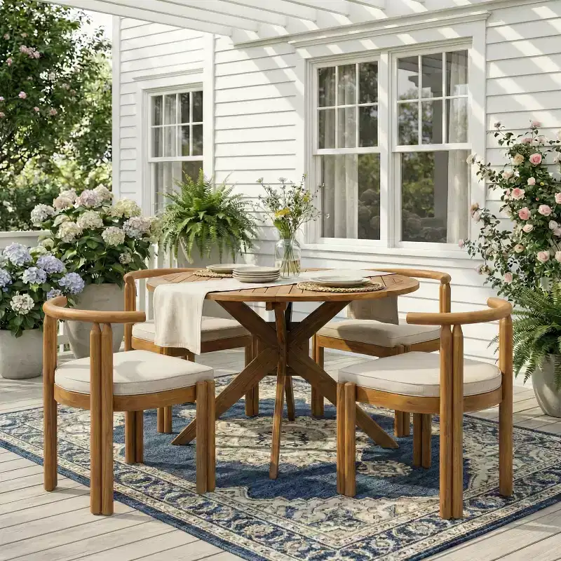 Christopher Knight Home Torin 5 Piece Patio Rustic Acacia Wood Dining Set with Cushions and Slatted Table