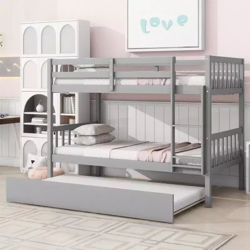 Twin Over Twin Bunk Bed with Pull-Out Trundle, Solid Rubberwood, Converts to Two Twin Beds, Ladder & Guardrails, Space-Saving Design