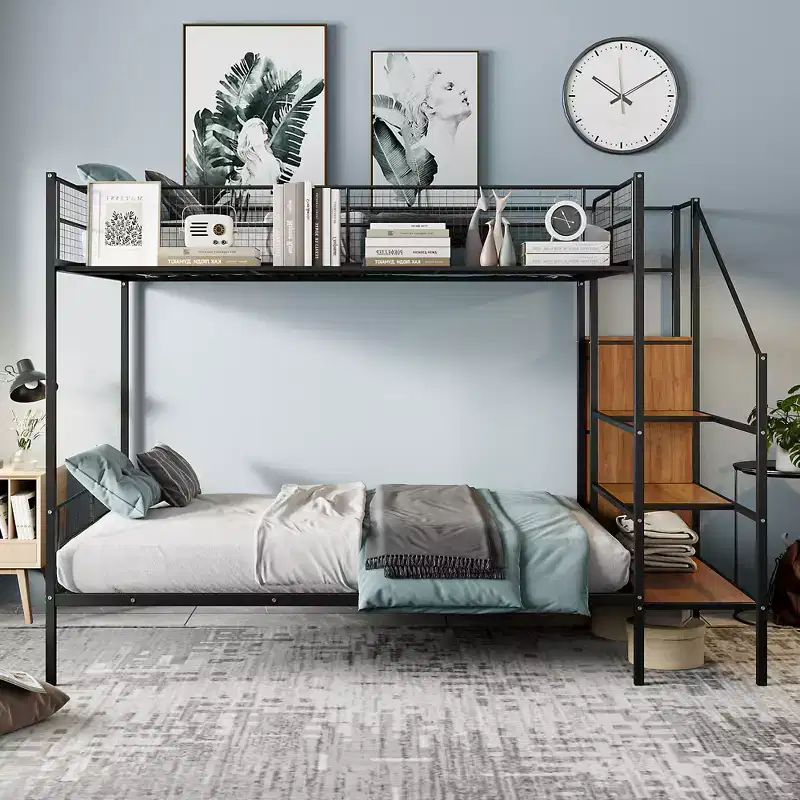 Twin over Full Size Metal Bunk Bed with Storage Staircase, Heavy Duty Steel Bed Frame with Shelving and Open Wardrobe for Teens Adults