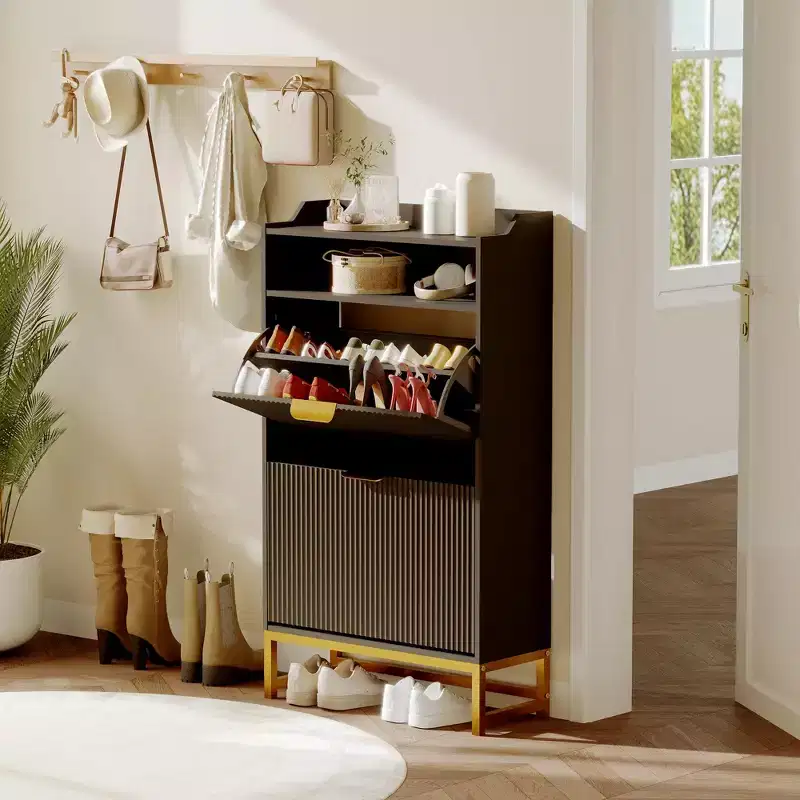 Shoe Cabinet with 2 Flip Drawers, Freestanding Narrow Shoe Storage Organizer for Entryway, Wooden Hidden Slim with Open Storage