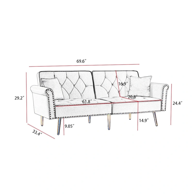 Velvet Tufted Sofa Couch with 2 Pillows and Nailhead Trim