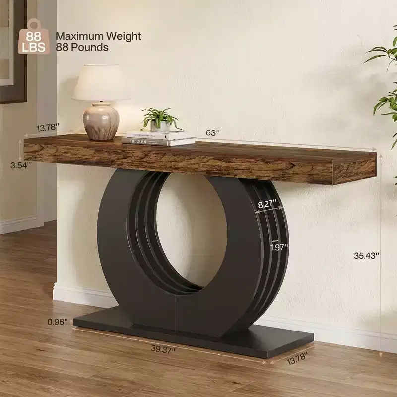 JVNOXK 63 Inch Rustic Wood Grain End Table with Black Metal Base for Living Room Entryway