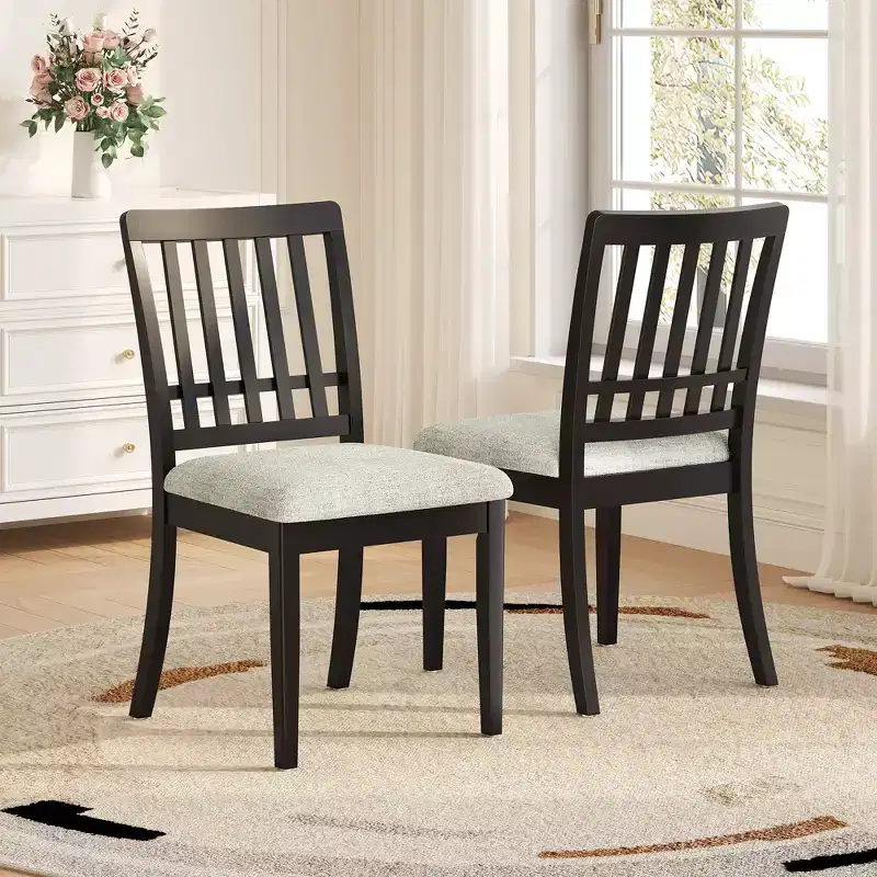 Dining Chairs with Curved Wood Backrest and Gray Fabric Seat