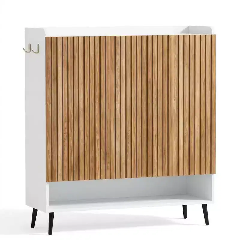 Large Shoe Cabinet with Doors, 6 Tier Shoe Storage Cabinet with Adjustable Shelves and Hooks, Wooden Shoe Organizer, Holds 30+ Pairs, White