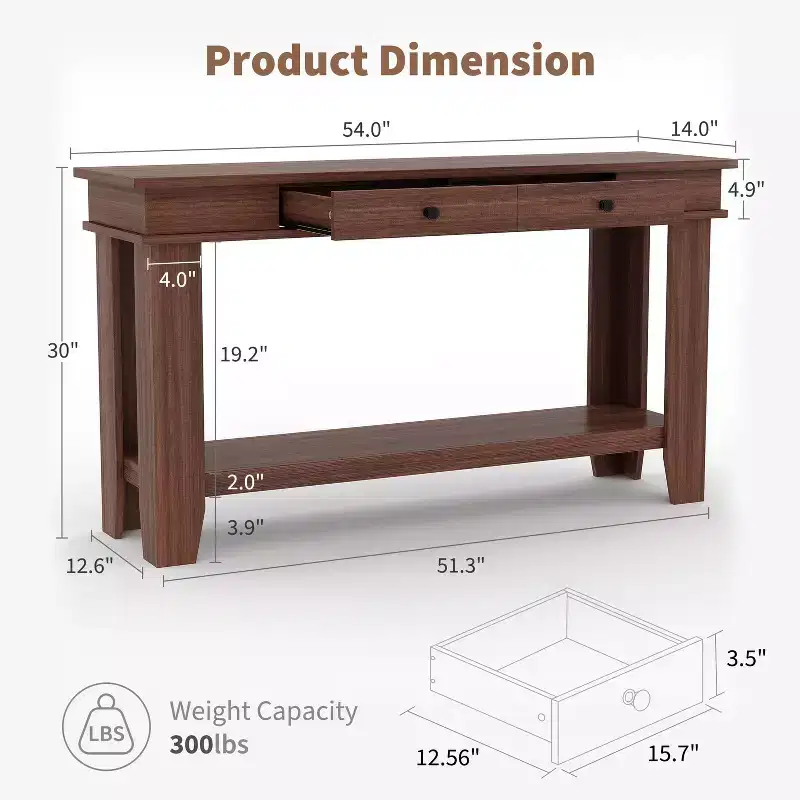 GustoWave 54-Inch 2-Drawer Console Table with Undershelf 2-Tier Modern Accent Table